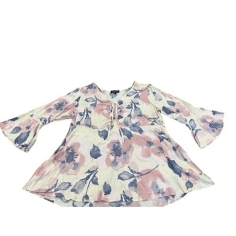 Suzanne Betro Floral Bell Sleeve Tie Front Tunic Top Pink Blue Women 1X Babydoll